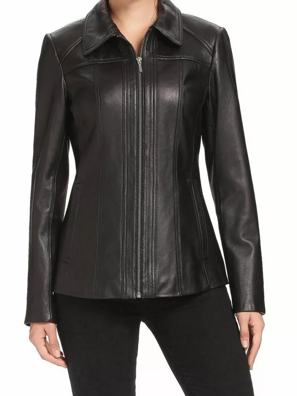 Preston & York NWT Genuine Lambskin Leather Jacket Black Petite Medium PM $229